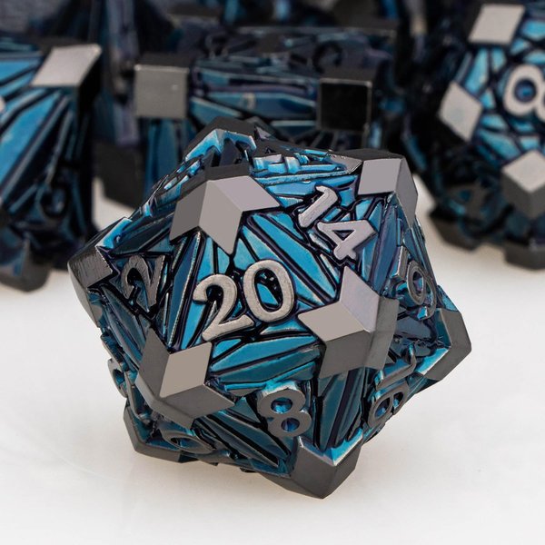 ORIFANTOU 7PCS Metal DND Dice Set Black Blue D&D Dice with Box, Debris RPG D and D Dice Dungeons and Dragons Role Playing Game Polyhedral Dice Set D20 D12 D10 D8 D6 D4