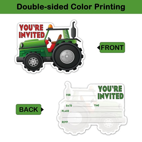 REWIDPARTY Tractor Party Invitations with Envelopes & Stickers（Set of 15） Green Tractor Shaped Fill-in Invitations Farmer Tractor Invites Cards Birthday Baby Shower Party Supplies Favors for Kids