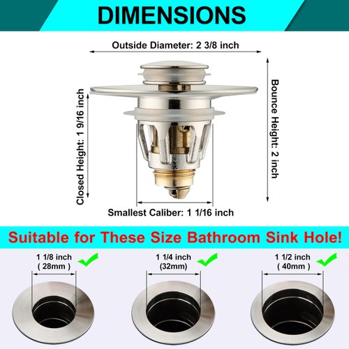 Universal Bathroom Sink Stopper - Bounce Wash Basin Drain Filter, Brushed Nickel Pop Up Drain Stopper, Bullet Core Push Type Sink Stopper, Sink Drain Plug with Anti-Clogging Strainer, for 1.1-1.5 inch