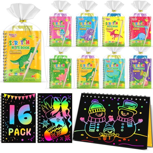 Party Favors Birthday Gifts for Kids: 16 Pack Scratch Art Notebook Party Favors for Kids Goodie Bags Stuffers Girls Boys Art Craft Kit Birthday Gifts for Classroom Prizes Christmas Gifts - Dinosaur