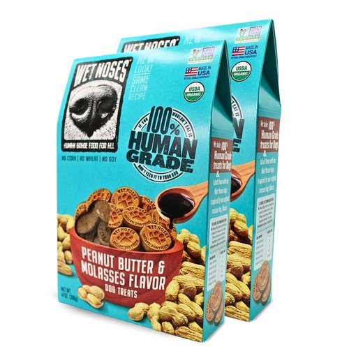 Wet Noses All Natural Dog Treats, Made in USA, 100% USDA Certified Organic, Non-GMO Project Verified, 14 Oz Box, Peanut Butter & Molasses Flavor, 2 -Pack