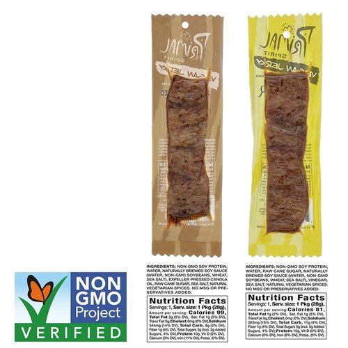 Primal Spirit Vegan Jerky - Soy Protein Energy Pack, 10 g. Plant Based Protein, Certified Non-GMO, No Preservatives, Sports Friendly Packaging The Classics Hickory Smoked and Texas BBQ...