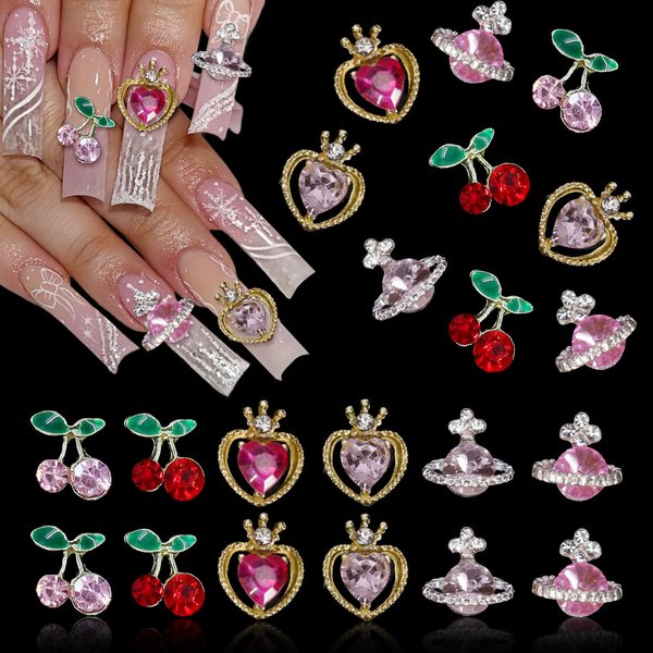 48Pcs 3D Planet Heart Cherry Nail Gems Charms, Metal Pink Planet Heart Cherry Nail Art Rhinestones Shiny Gems Diamond Crystal Luxury for Nail Jewelry Making Crafts DIY Manicure Accessories
