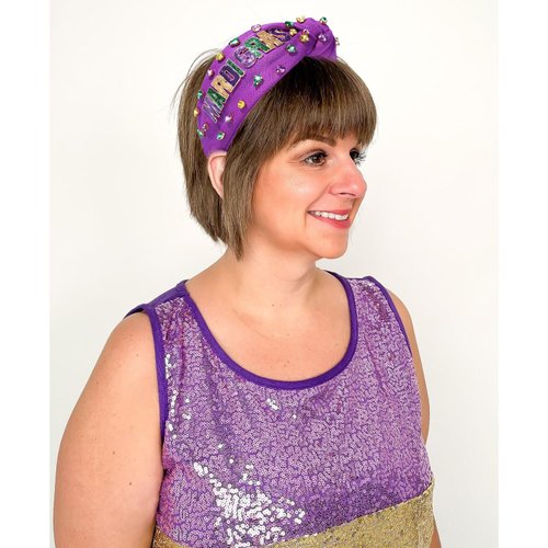 NVENF Mardi Gras Headbands for Women Crown Mask Headband Green Purple Yellow Rhinestone Jeweled Knotted Headband Mardi Gras Accessories Carnival Oufits Party Favors Gift (MARDI GRAS A - Purple)