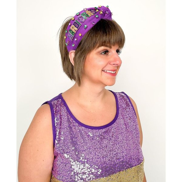 NVENF Mardi Gras Headbands for Women Crown Mask Headband Green Purple Yellow Rhinestone Jeweled Knotted Headband Mardi Gras Accessories Carnival Oufits Party Favors Gift (MARDI GRAS A - Purple)