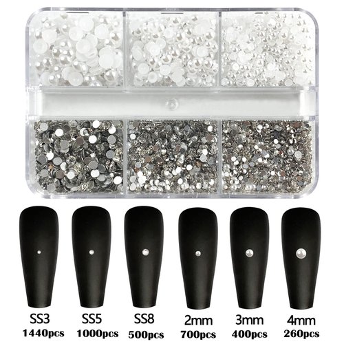 4300 Nail Rhinestones - Rhinestones & Pearls, Multi Size Shiny Rhinestone Pearls for Nail Art (White Pearls+White Rhinestones)