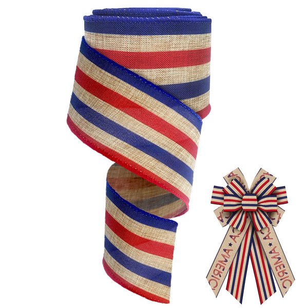 LANGFON 4th of July Fabric Ribbon Patriotic Decor Ribbon Red Blue Strips Burlap Wired Edge Ribbon for Veterans Day Independence Day Wrapping Party Decoration Supplies 10 Yards 2.5 Inch 1 Roll