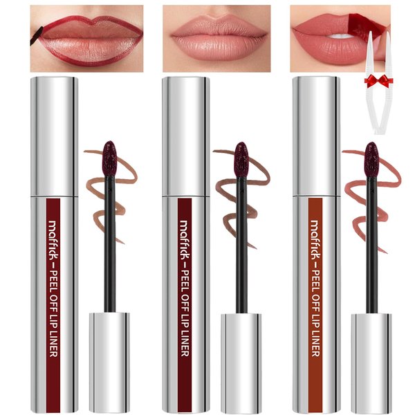 Dulele Peel Off Lip Liner Tattoo with Tweezer, 3PCS Lip Stain Peel Off Brown Lip Liner Set, Transfer-proof Peel Off Lip Stain, Highly Pigmented Lip Liner Stain