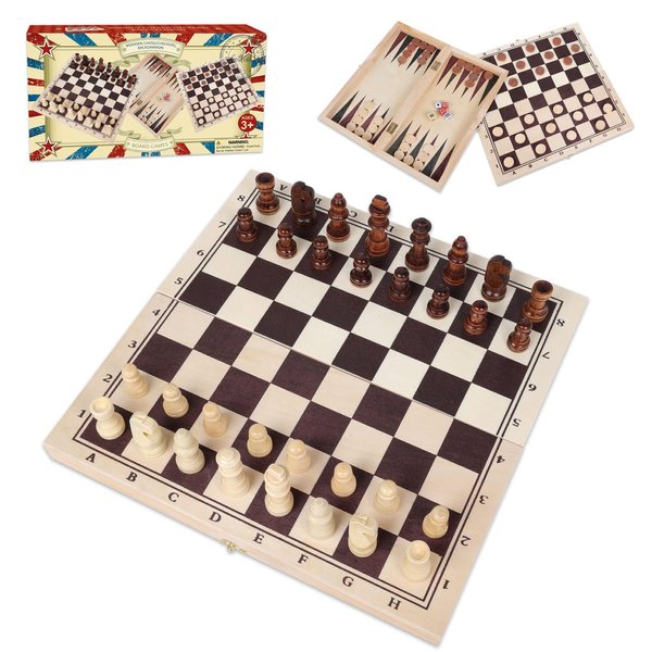 GOTHINK Wooden Chess, Checker, and Backgammon 3 in 1 Board Game Set,Classic Traditional Travel Night Toy and Game Gift Set for Kids Adults Senior Family