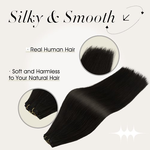 Full Shine Genius Weft Extensions Straight Human Hair Sew In Extensions Hand Tied Weft Human Hair Black Hair Extensions Silky Hair Weft Hair Extensions Black Real Hair Extensions Sew In 50G 16 Inch