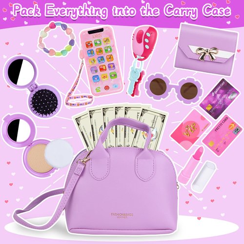 Learn2M Purple Play Purse for Little Girls Ages 3-6, My First Purse Toy with Handbag, Makeup Set, Sunglasses, Smartphone, Wallet, Car Keys, Credit Cards and Fake Money