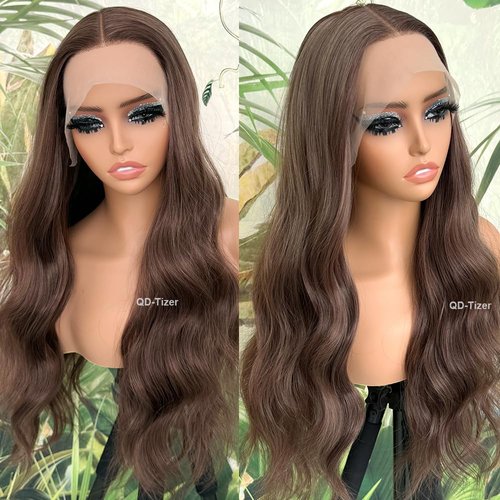 QD-Tizer Loose Curly Brown Lace Front Wig Synthetic Long Highlight Brown Wigs Pre-styled Long Body Wave Wavy Curly Hair 13×4 Lace Wigs for Women Natural Glueless Synthetic Wigs for Daily Use