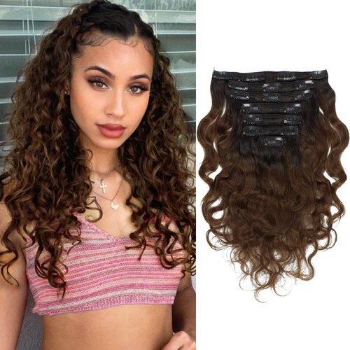 Loxxy Clip in Human Hair Extensions 14inch Natural Wave and Natural Color Virgin Remy Human Hair Extensions #1B/4 Off Black to Dark Brown with Double Weft 120g/set 7Pcs/lot And 17 Clips Per Pack
