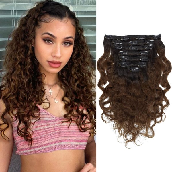 Loxxy Clip in Human Hair Extensions 14inch Natural Wave and Natural Color Virgin Remy Human Hair Extensions #1B/4 Off Black to Dark Brown with Double Weft 120g/set 7Pcs/lot And 17 Clips Per Pack