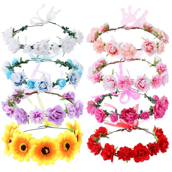 Cinaci 8 Pack Handmade Adjustable Sunflower Rose Flower Wreath Headbands Crown Garland Wedding Party Headpiece for Women Brides Bridemaids Girls Teens