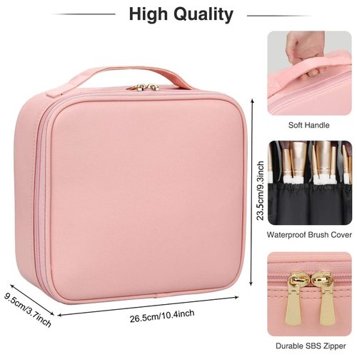 Bvser Travel Makeup Case, PU Leather Portable Organizer Makeup Train Case Makeup Bag Cosmetic Case with Adjustable Dividers for Cosmetics Makeup Brushes Women (Pink)