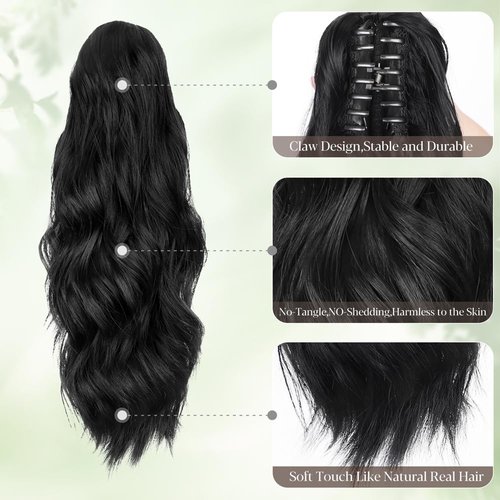 ALXNAN Ponytail Extension,16 Inch Claw Ponytail Hair Extensions for Women，Claw Clip in Long Wavy Synthetic Black Ponytail Extension for Daily Use.