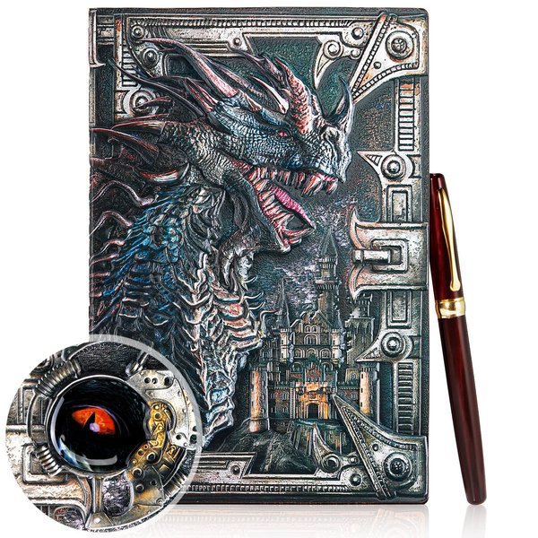 Pajean Dragon Journal Embossed Leather Journal Writing Antique Dragon Journal Notebook with Pen Lined Paper Hardcover Gift Journal Notebook Executive Notebook Travel Diary for Women Men, A5(Colorful)