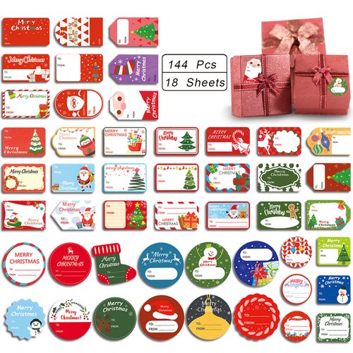 144 Pcs Christmas Gift Tags, Christmas Self Adhesive Gift Tag Stickers, Holiday Labels for Gifts Santa, Snowman, Tree, Reindeer Present Name Labels for DIY Xmas Gift