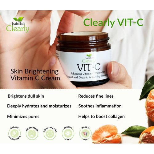 Clearly VIT-C, Vitamin C Cream for Face, Anti Aging Moisturizer with Vitamin E, Organic Berry Extracts and Willow Bark, Hydrating & Skin Brightening for Dark Spots, Fine Lines and Wrinkles (2 oz)