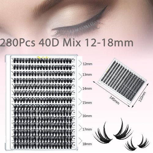 DIY Lash Extension Kit 280Pcs D Curl Eyelash Extension Kit 40D Mix 12-18mm Individual Lash Clusters with Lash Bond and Seal False Lash Tweezers Applicator Shampoo Brush DIY Eyelash at Home