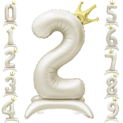 Eoopoon 42 Inch Crown Cream White Number Balloon, Big Size Number 2 Balloon with Base for Boy Girl Birthday Party Decoration, Anniversary Decor Theme Party Supplies (Cream White 2)