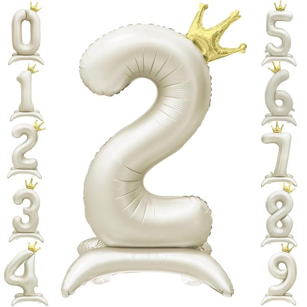Eoopoon 42 Inch Crown Cream White Number Balloon, Big Size Number 2 Balloon with Base for Boy Girl Birthday Party Decoration, Anniversary Decor Theme Party Supplies (Cream White 2)