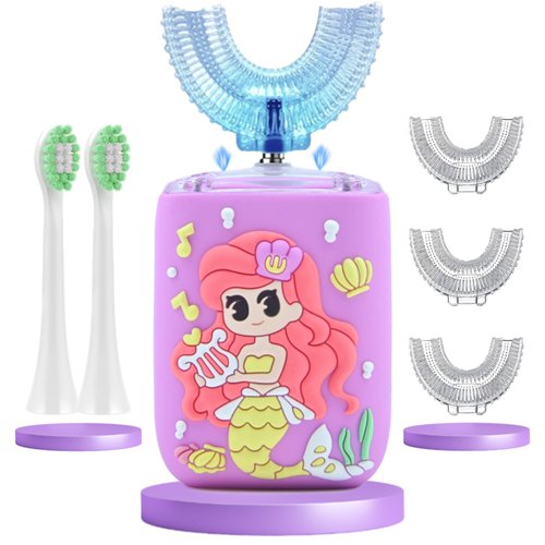 Geacker Kids Electric Toothbrush, U Shaped Toothbrush Kids Sonic Automatic Brush with 5 Brush Head 6 Sonic Clean Modes IPX7 Waterproof Mermaid Design Rechargeable Smart Timer for Children 2-7