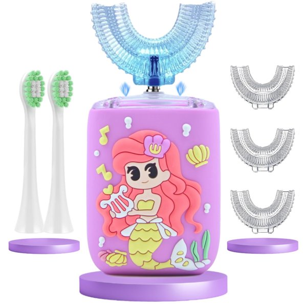 Geacker Kids Electric Toothbrush, U Shaped Toothbrush Kids Sonic Automatic Brush with 5 Brush Head 6 Sonic Clean Modes IPX7 Waterproof Mermaid Design Rechargeable Smart Timer for Children 2-7