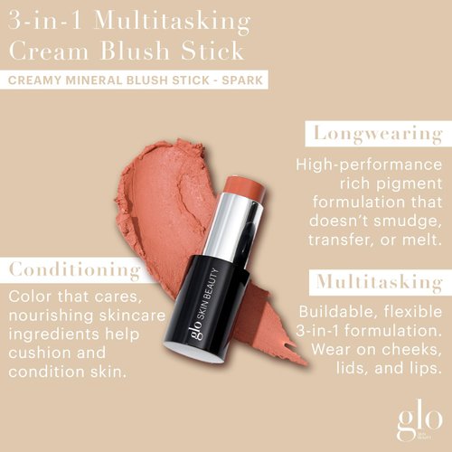 Glo Skin Beauty Cream Blush Stick (Spark) | 3-in-1 Multitasking Long-Wear Cheek, Lips + Lids Stick | Packed with Skincare Benefits