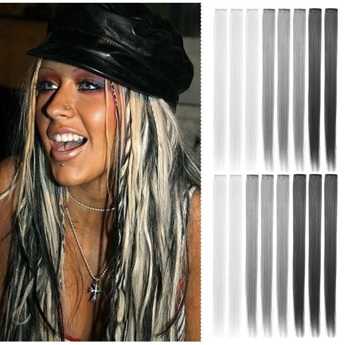 SARARHY Girls Hair Accessories Colored Hair Extensions Clip in Holiday Party Highlights 21 inch Straight Synthetic Grey Hair pieces for Girls Women 15 PCS (Silver gray,Gray,Dark gray)