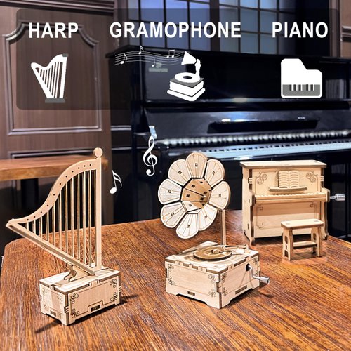 CYAZOO 3in1 3D Wooden Puzzle for Adults Music Box Set-Kids DIY Musical Instrument Model Assembly Puzzles Hands Craft Building Kits Home Decoration (3PCS: Gramophone+Piano+Harp)