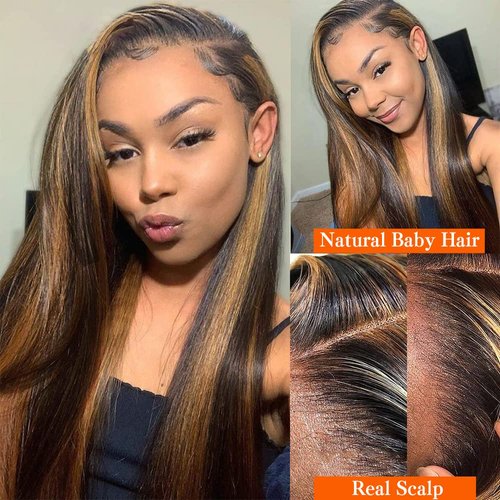 Dixtefo FB30 Ombre V Part Wig Human Hair No Leave Out Upgrade Straight U Part Wig Highlight Blonde No Glue Brazilian Virgin Straight Human Hair Wigs for Women Colored Brown 180% Density 24 Inch