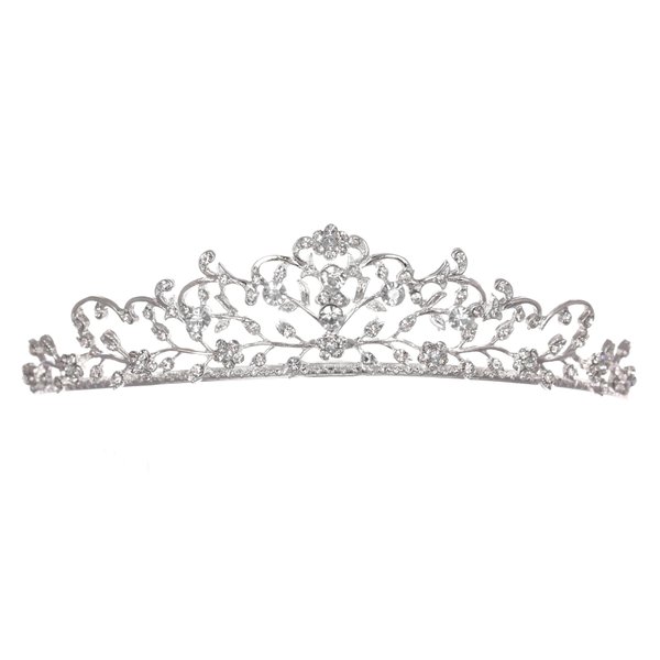 Flower Vine Design Bridal Tiara Crown - Clear Crystals Silver Plating T654