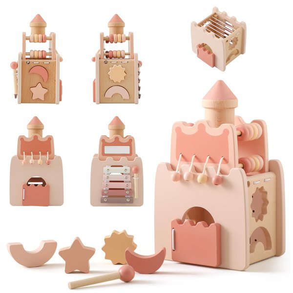 Wooden Baby Activity Cube for Toddlers 1-3,5 in 1 Castle Shape Sorter Bead Maze Montessori Toys for Baby 6 Months+, Educational Learning Toy for Kids 1 Year Up