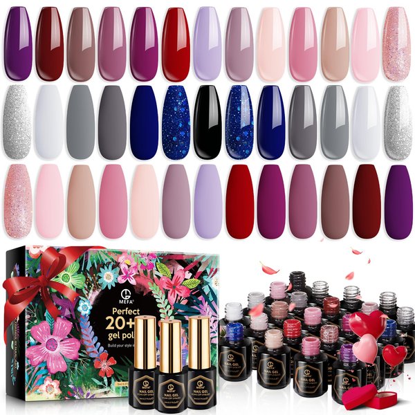 MEFA Gel Nail Polish Kit 23 Pcs, 20 Summer Gel Polish Colors Pink Red Glitter Blue Gel Nail Set Modern Muse Collection with Glossy & Matte Top and Base Coat Starters Nails Art Manicure DIY Home Gifts
