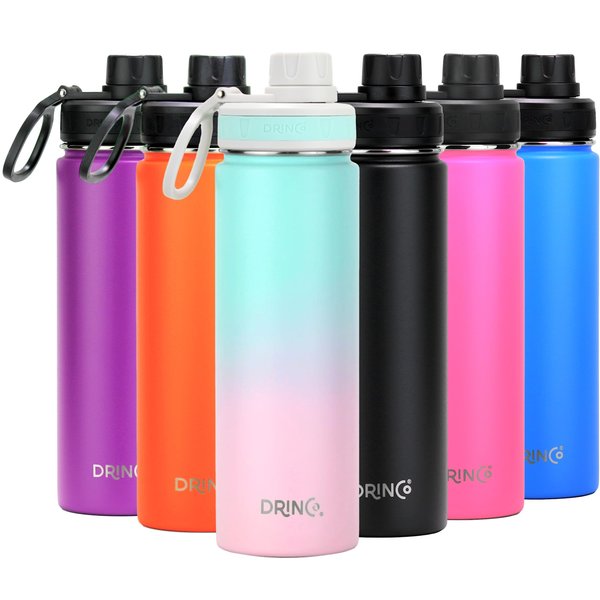 DRINCO Stainless Steel Water Bottle Spout Lid Vacuum Insulated Double Wall Water Bottle Wide Mouth (40oz 32oz 22oz 18oz 14oz) Leak Proof Keeps Cold or Hot (22 oz, 22oz Macaron)