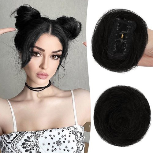 RUWISS 2 Pcs Mini Claw Clip Human Hair Bun Hair pieces Hair Space Buns Clip in Messy Cat Ears Hair Bun Extensions Updo Hairpieces for Women Girls (Pack of 2, Natural Black)