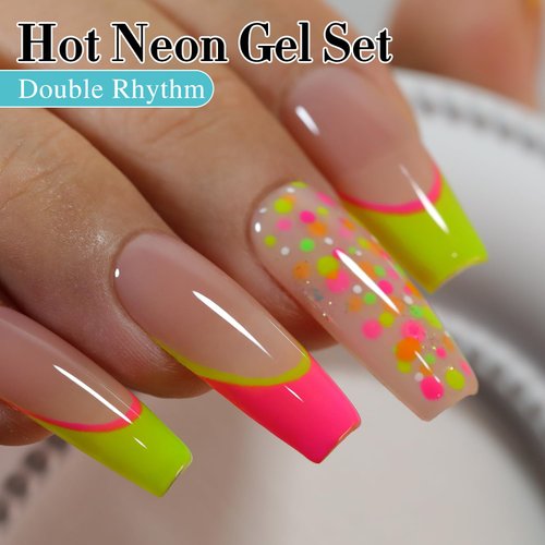 Double Rhythm Jelly Sheer Gel Nail Polish Set of 6 Colors Baby Light Pastel Milky Nail Polish Starter Kit Art DIY Salon Home (Neon Pink Blue Green Yellow Purple Orange,Kit 7)