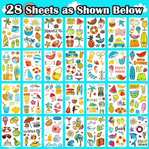 Partywind 28 Sheets Glitter Hawaiian Temporary Tattoos for Kids Party Supplies, Luau Tropical Pool Beach Summer Party Decorations Favors Gifts, Waterproof Tattoo Stickers for Boys and Girls