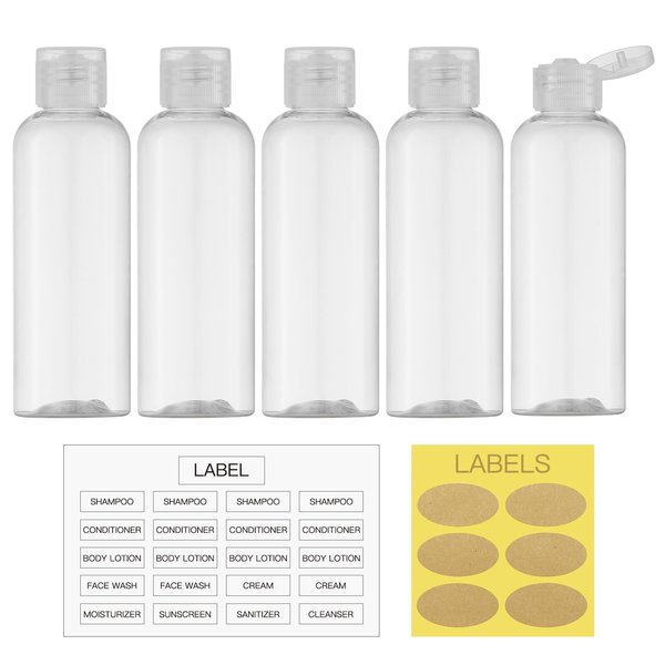 LISAPACK 3.4oz Travel Bottles For Toiletries (5pcs), Travel Size Containers for Shampoo (100ml, Clear)