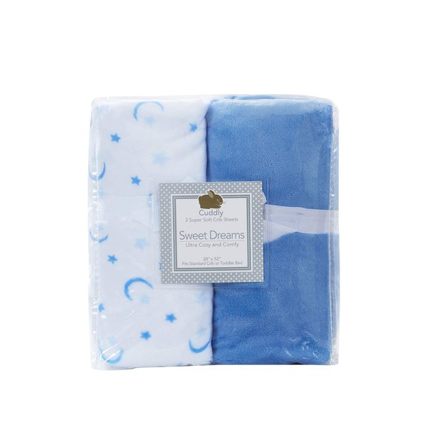 Cozy Fleece Microplush Super Soft Fitted Crib Sheets (Set of 2), Blue/White with Moon & Stars