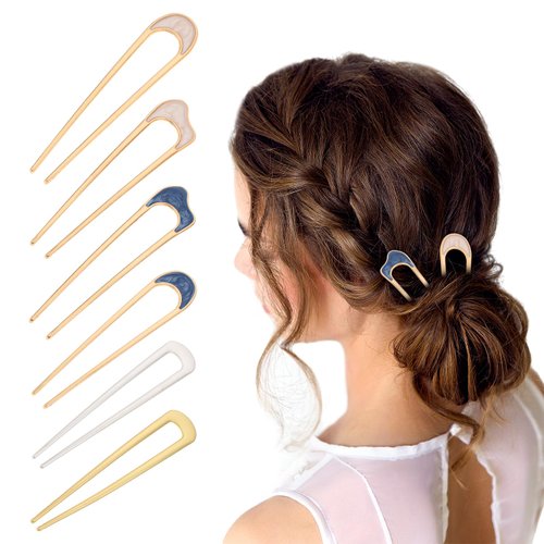 6Pcs French Hair Pins, Mabor Vintage Hair Fork Hair Pin U Shaped Metal Hairpins for Weddings Dating 2 Prong Updo Chignon Pins for Girls Women Hair Accessories