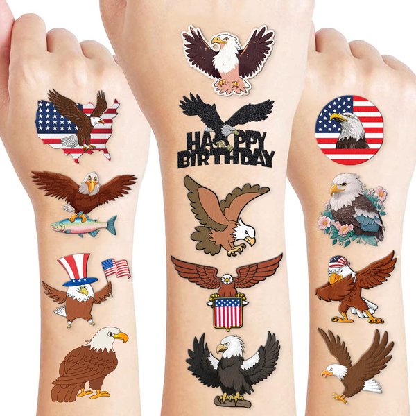 Eagle Temporary Tattoos 8 Sheets 80PCS Bald Eagles Party Decorations Supplies Favors American Flag Bird Theme Birthday Cute Stickers Christmas Gifts for Boys Girls Kids Class School Prizes Carnival