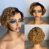 Iianaebeh Short Curly Human Hair Wigs for Black Women, Side Part Wig, Pixie Cut Brazilian Remy Human Hair, Deep Curly None Lace Front Ombre Blonde Wigs (T30)