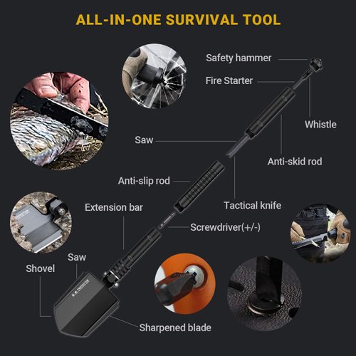Survival Shovel Folding Tactical Shovel Aerospace-Grade Aluminum Camping Shovel Multifunctional Multitool Ultra-Light & Solid Collapsible Spade Emergency Kit with Carry Bag (26.6")