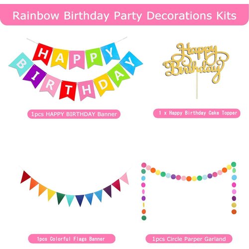 Happy Birthday Banner with Paper Pom Poms Cake Topper, Rainbow Happy Birthday Banner, Colorful Circle Paper Garland with Triangle Flags for Birthday Party Supplies, Happy Birthday Decorations
