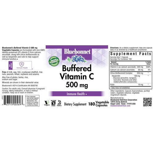 Bluebonnet Nutrition Buffered Vitamin C-500 mg Vegetable Capsules, Buffered Calcium Ascorbate, for Immune Health, Soy Free, Gluten Free, Non-GMO, Kosher, Dairy Free, Vegan, 180 Vegetable Capsules