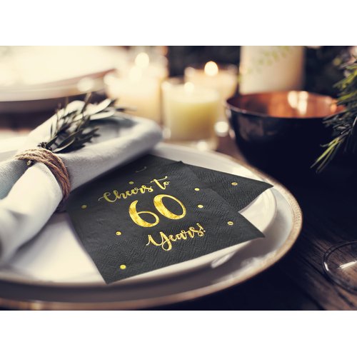 Cheers to 60 Years Cocktail Napkins | Happy 60th Birthday Decorations for Men and Women and Wedding Anniversary Party Decorations | 50-Pack 3-Ply Napkins | 5 x 5 inch folded (Black)