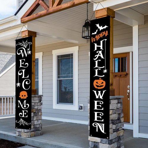 Halloween Banner Decorations Outdoor Indoor Happy Halloween Decor Trick or Treat Decorative Hanging Banners Porch Welcome Signs for Front Door Outside Yard Garland Party Supplies (HappyHalloween-Welcome)